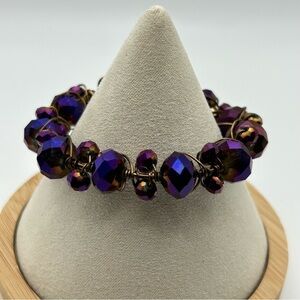 Beautiful Rich Purple Multifaceted Crystal Beaded Wire Bracelet Gold Brown Tone